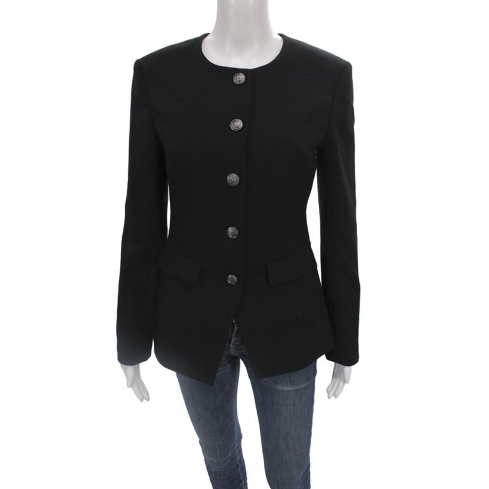 Hill House Women Blazer Black Wool Blend Long Sleeve Crew Neck Button Size XS